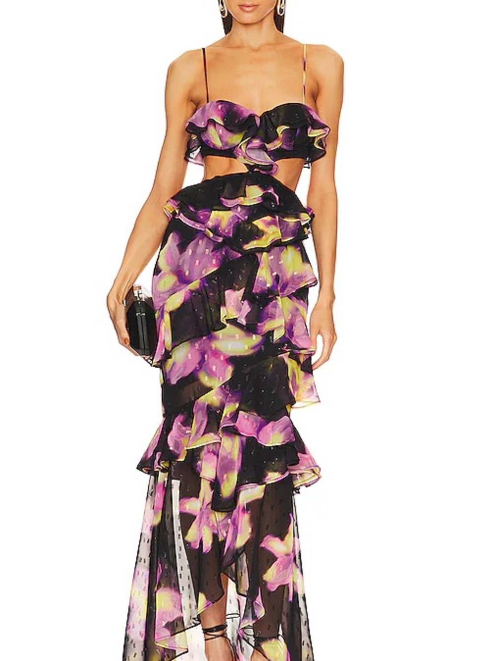 Michael Costello Black Floral Ruffle Maxi Dress with Purple & Yellow Print